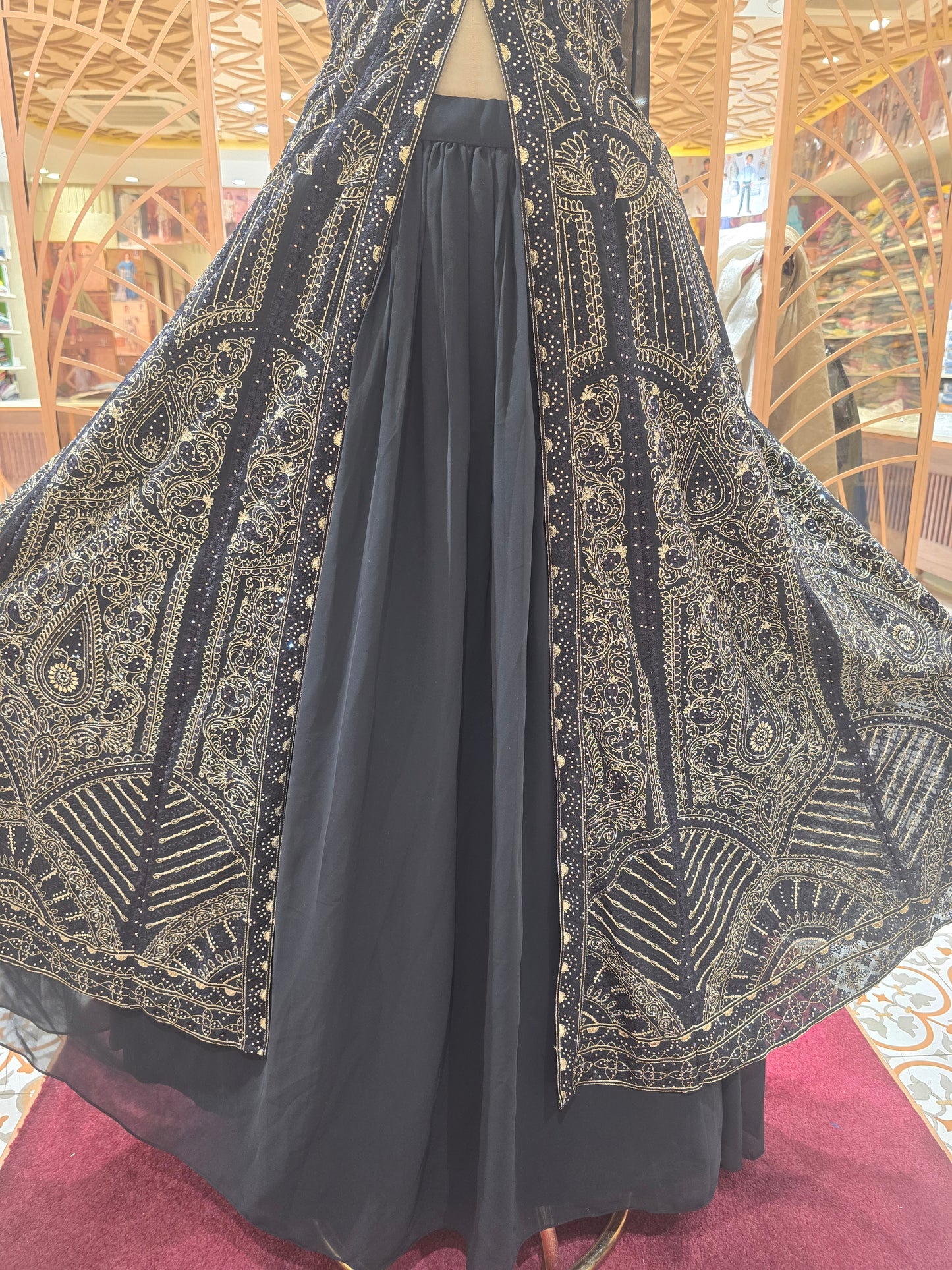 Black Georgette Gown-Style Lehenga with Embroidery & Tikli Stonework | Sleeveless Long Top with Dupatta