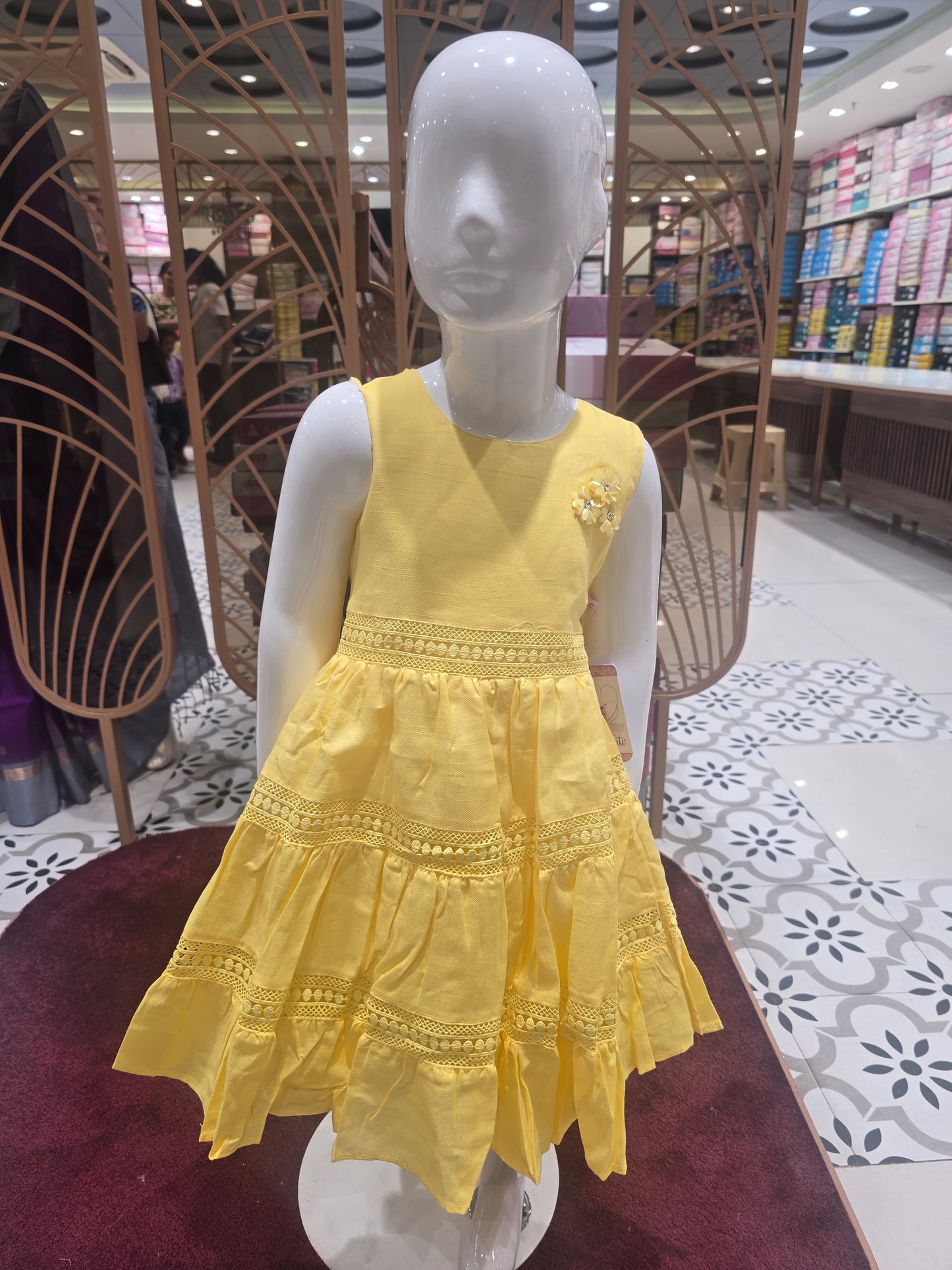 Linen Cotton Short Frock for Girls with Step Cutwork Design & Floral Appliqué – Sleeveless Casual Wear