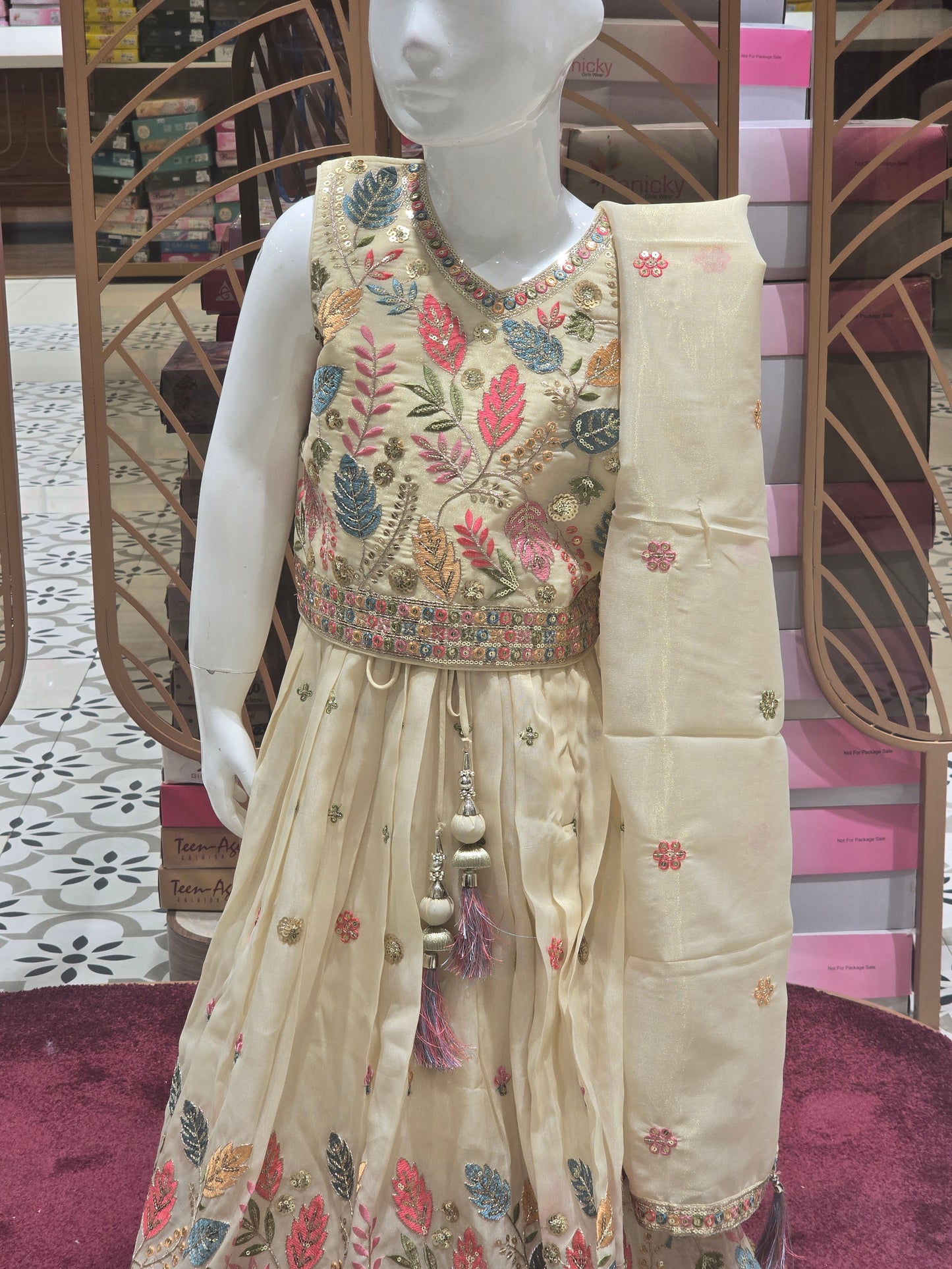 Girls Cream Tissue Silk Embroidered Gaghra Set