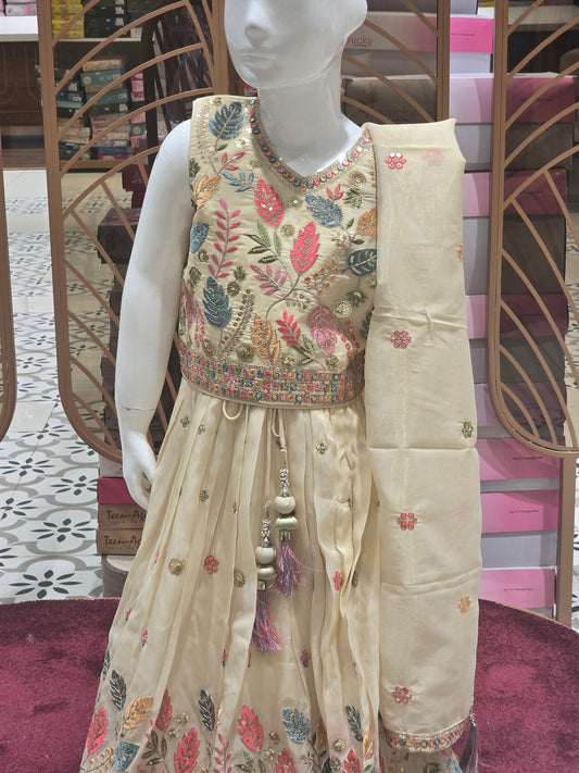 Girls Cream Tissue Silk Embroidered Gaghra Set