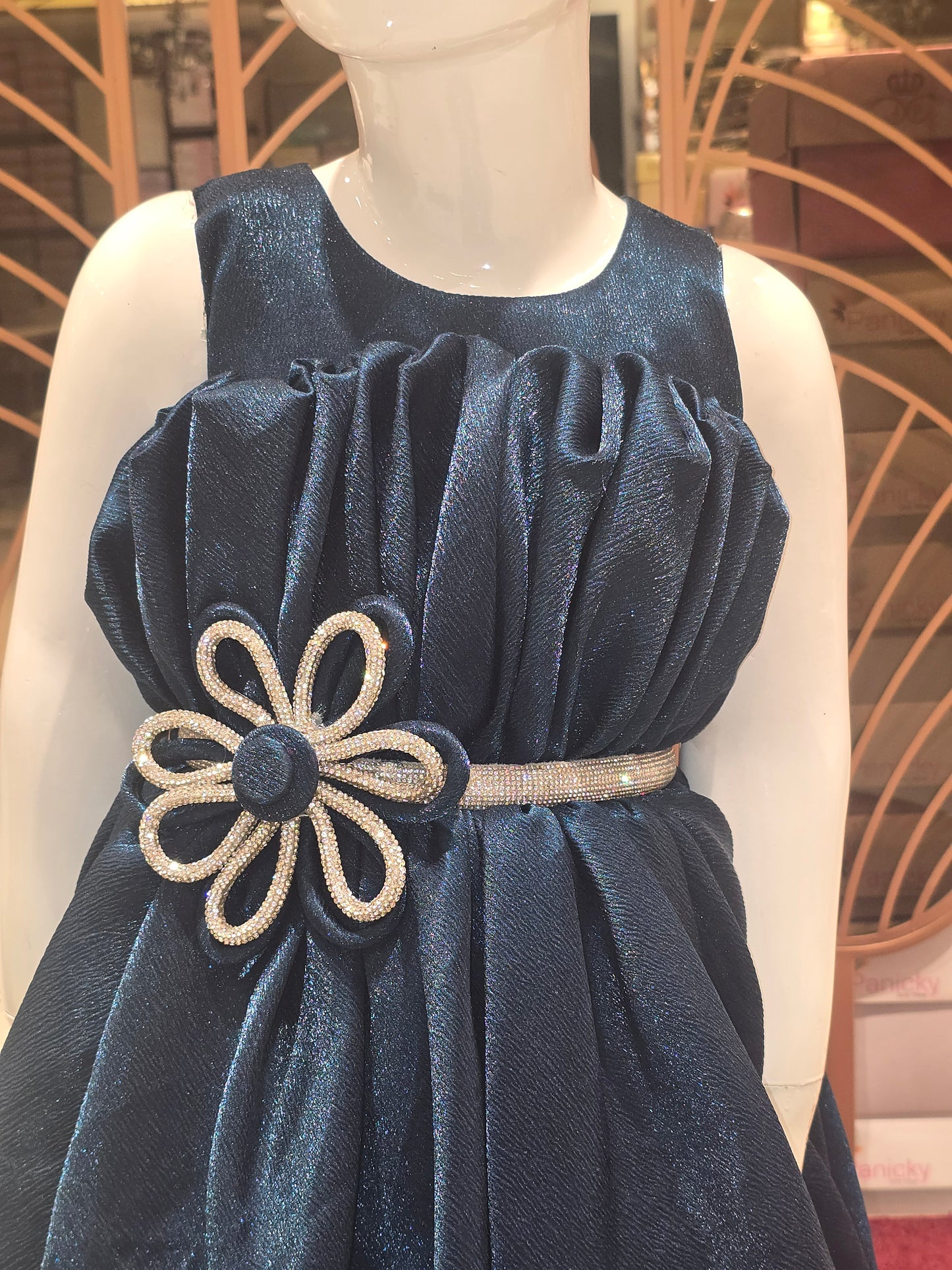 Purple Crepe Party Gown with Unique Flower Waist Design, Half-Sleeve Look – Elegant Party Wear for Girls (Age 5, Size 24)