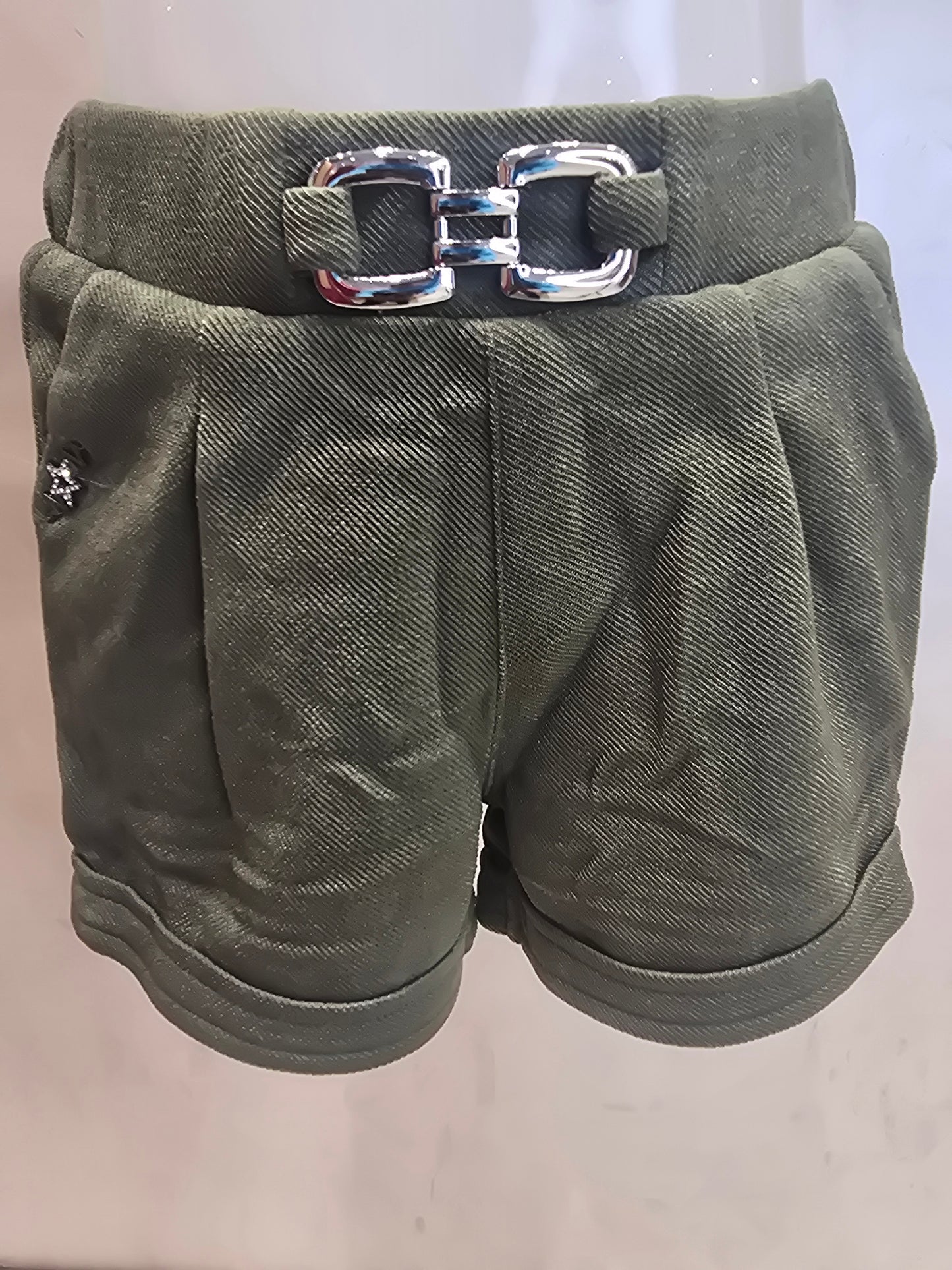 Green Lycra Casual Shorts for Girls with Round Elastic Waistband and Stylish Belt Logo Design