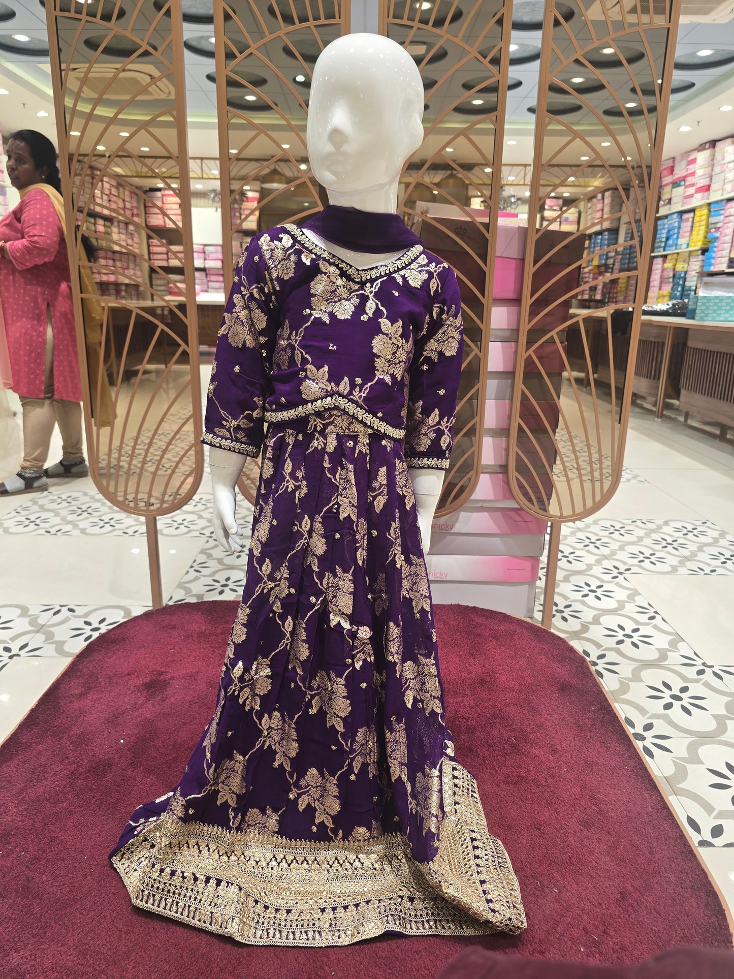 Girl Purple Floral Banarasi Crepe Ghagra Choli Set