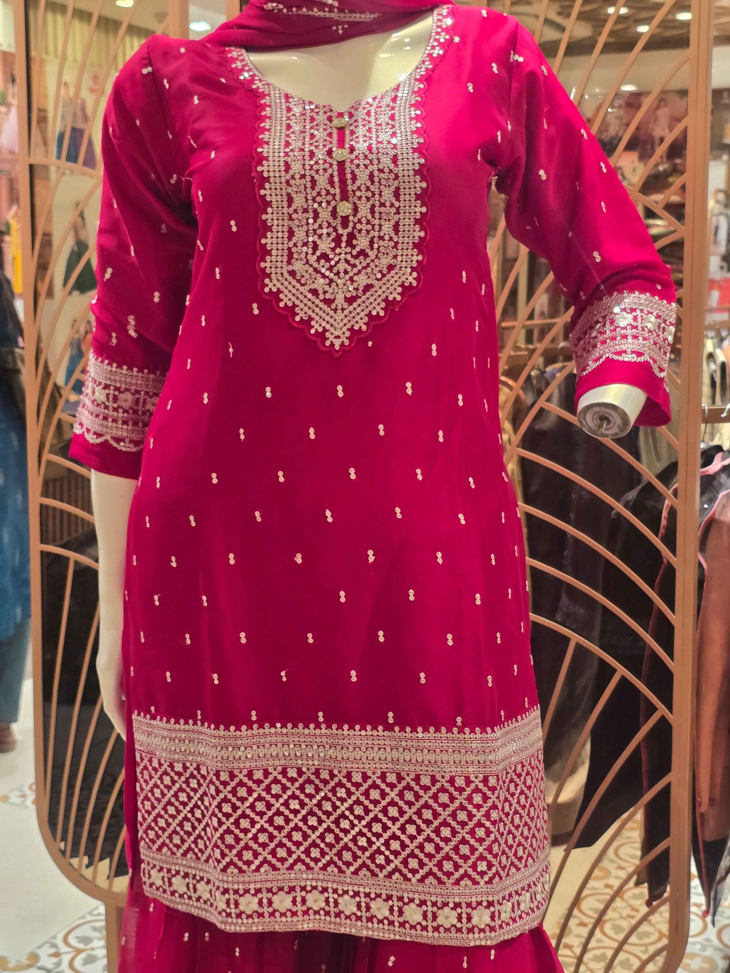 Georgette Material Rani pink colour sharara set with white embroidery and sequin work