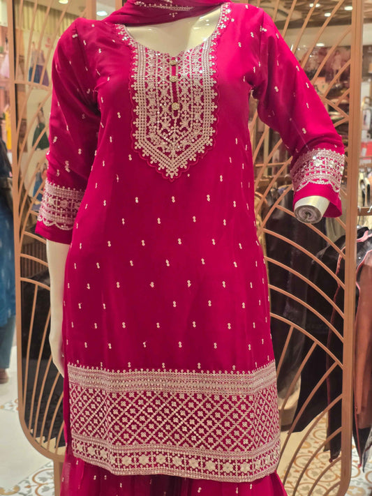 Georgette Material Rani pink colour sharara set with white embroidery and sequin work