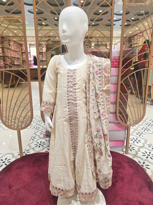 Crepe material cream color Anarkali for girl with multi color thread work with grand dupatta