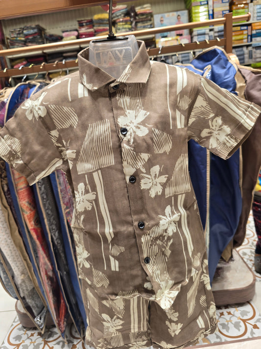 Boys Cotton Capri Set in Brownish Cream Color with Fancy Printed Design and Stylish Shirt for Summer Casual Wear