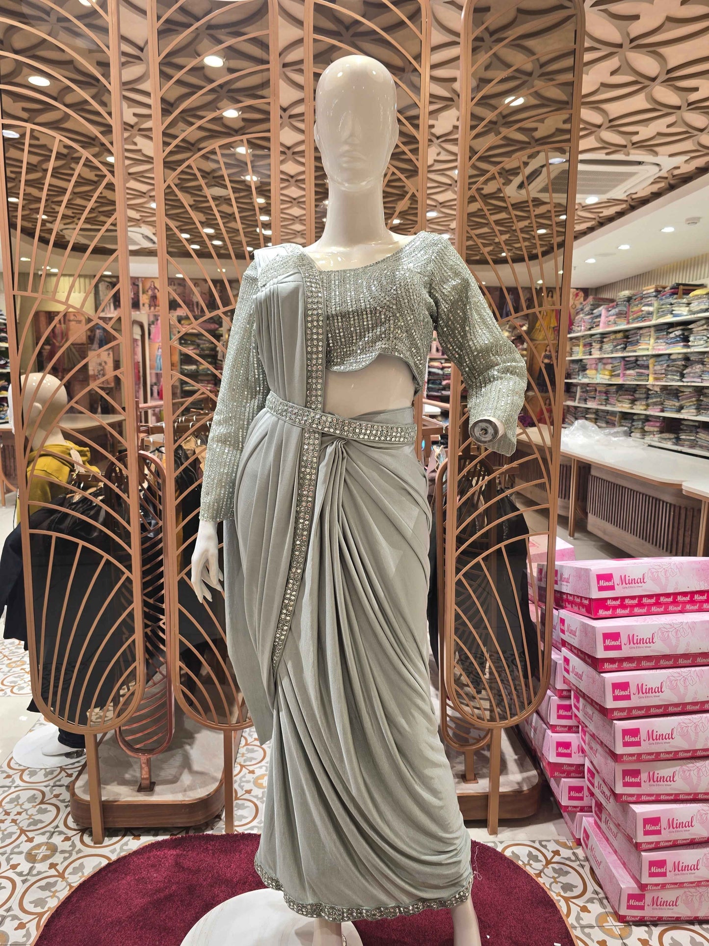 Women Pista Green Lycra Satin Ready to Wear Saree Set