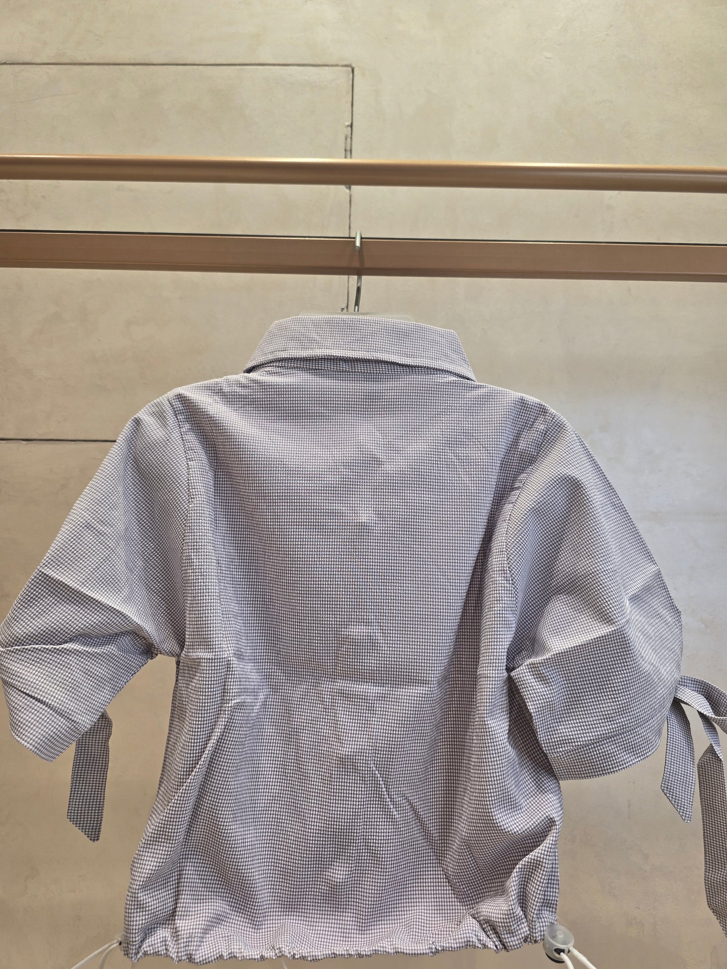 Light Grey Micro-Checked Cotton Mix Western Top for Girls with Dual-Tone Floral Detail & Tie-Up Sleeves – Party Wear