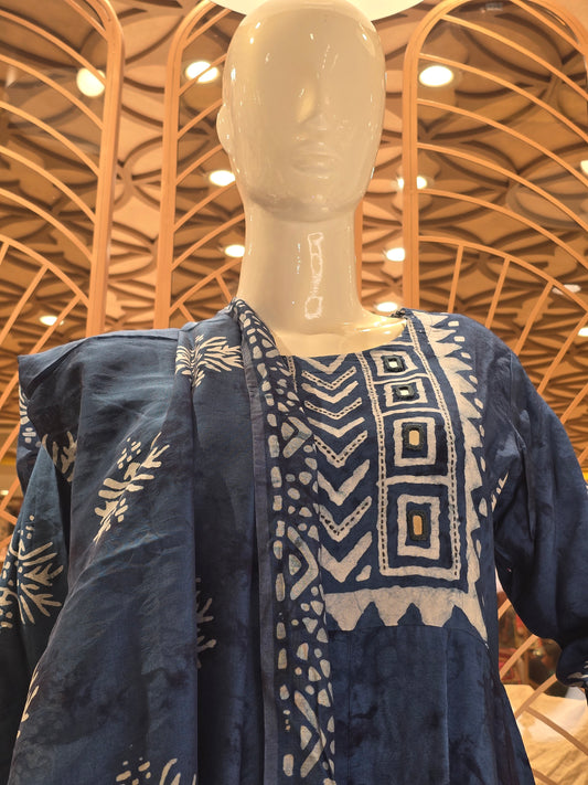 Denim Blue Semi Cotton Anarkali Kurti Set for Women with White Printed Design and Classic Round Neck