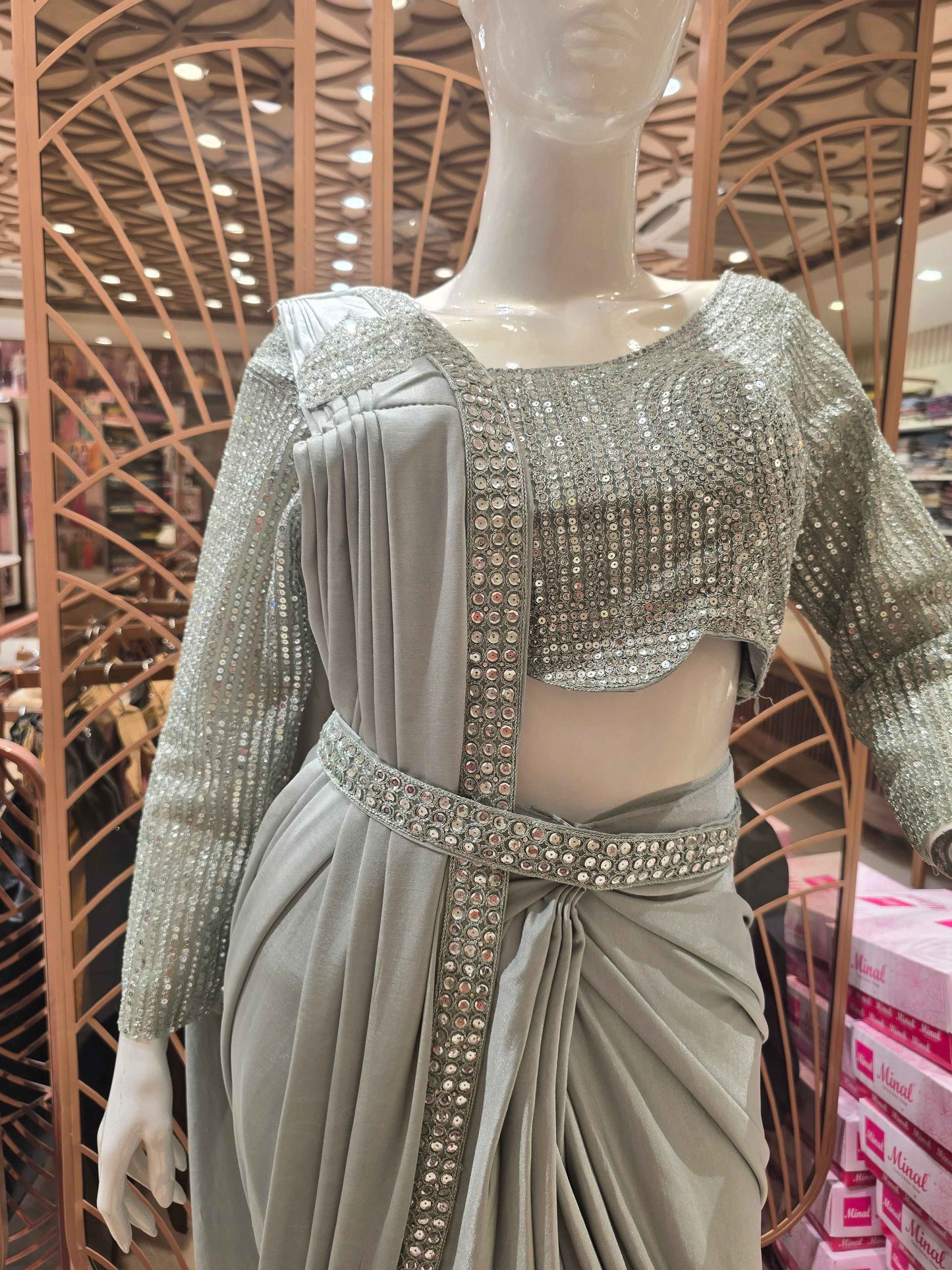 Women Pista Green Lycra Satin Ready to Wear Saree Set