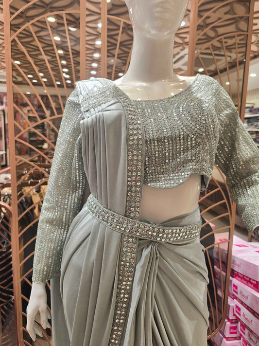 Women Pista Green Lycra Satin Ready to Wear Saree Set