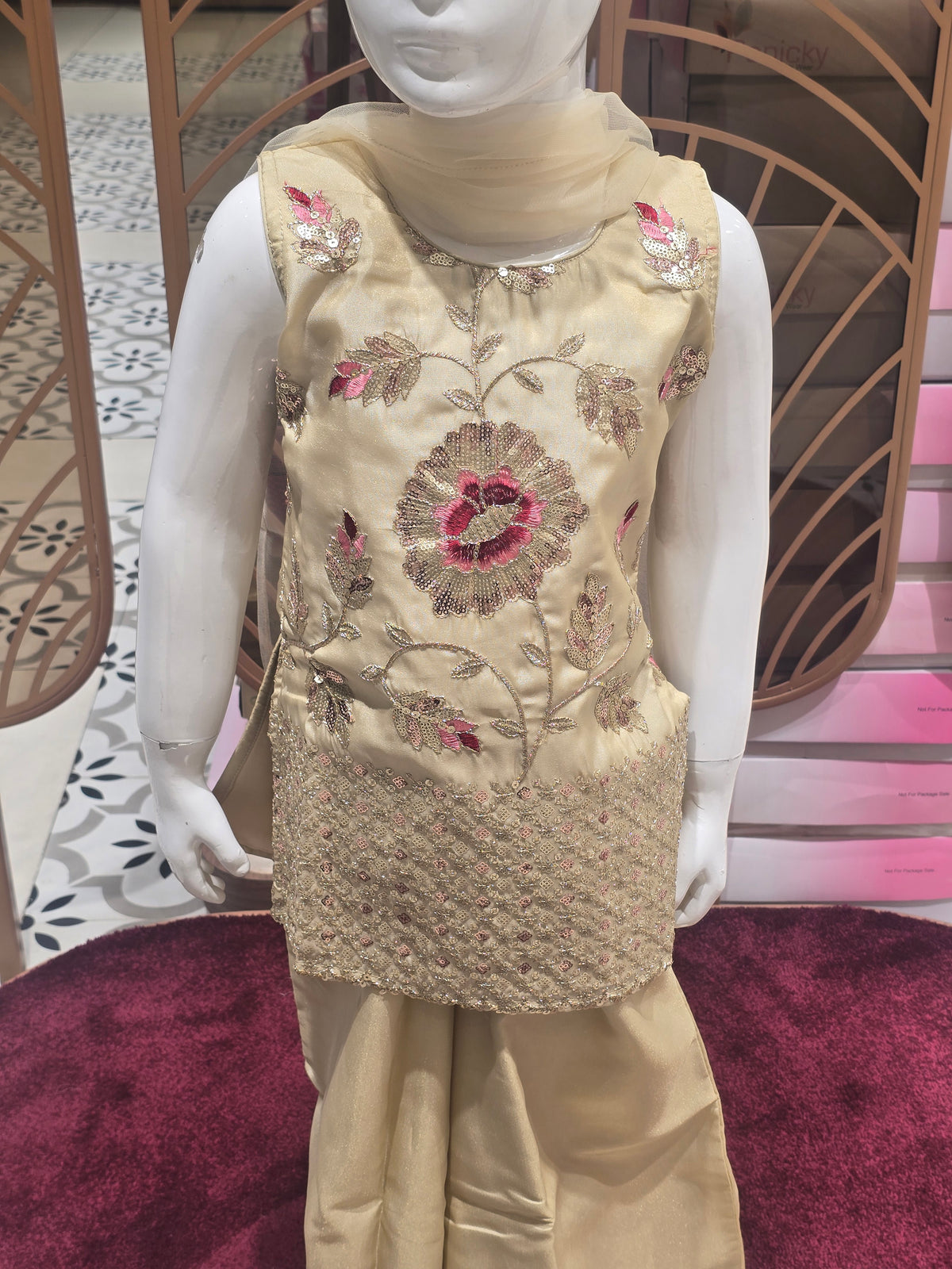 Girls Sequin Embroidered Crepe Palazzo Skirt Set