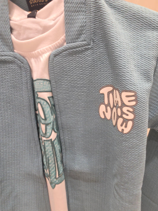 Sky Blue Jute Shrug with Overlook Finishing & Pure Cotton White Printed T-Shirt (Two-Piece Set)