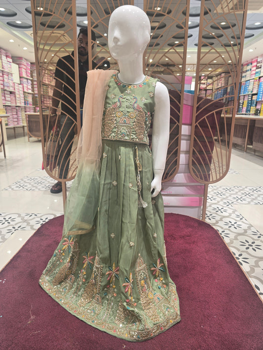 Pista Green Tissue Ethnic Wear Ghagra for Girls with Peacock Motif Work, Decorated Skirt Border and Dual Colored Dupatta