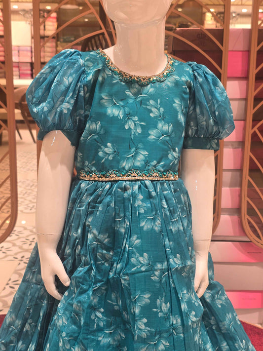 Girl Rama Green Printed Georgette Traditional Gown