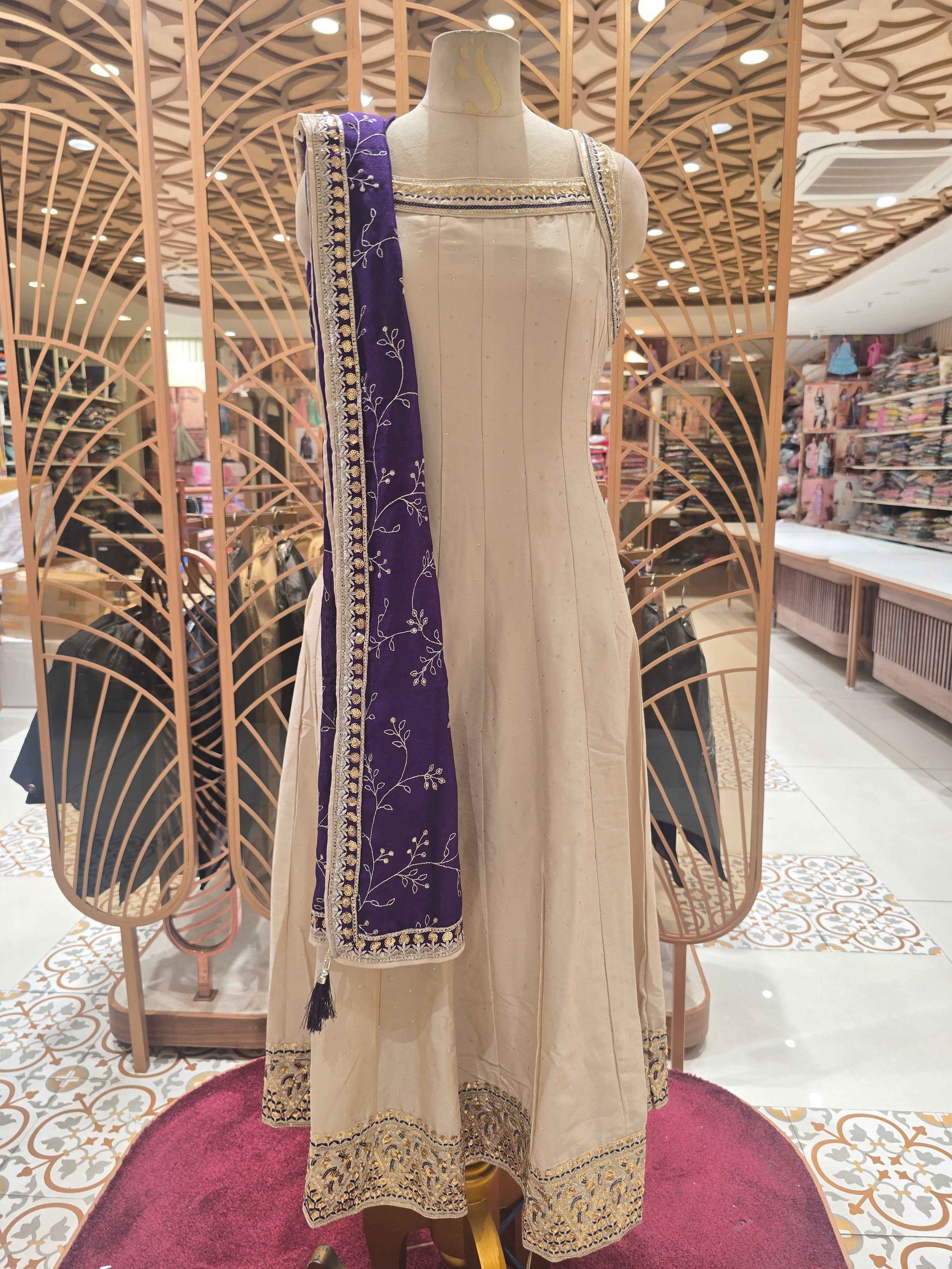 Crepe silk material cream with purple contrast anarkali kurta set