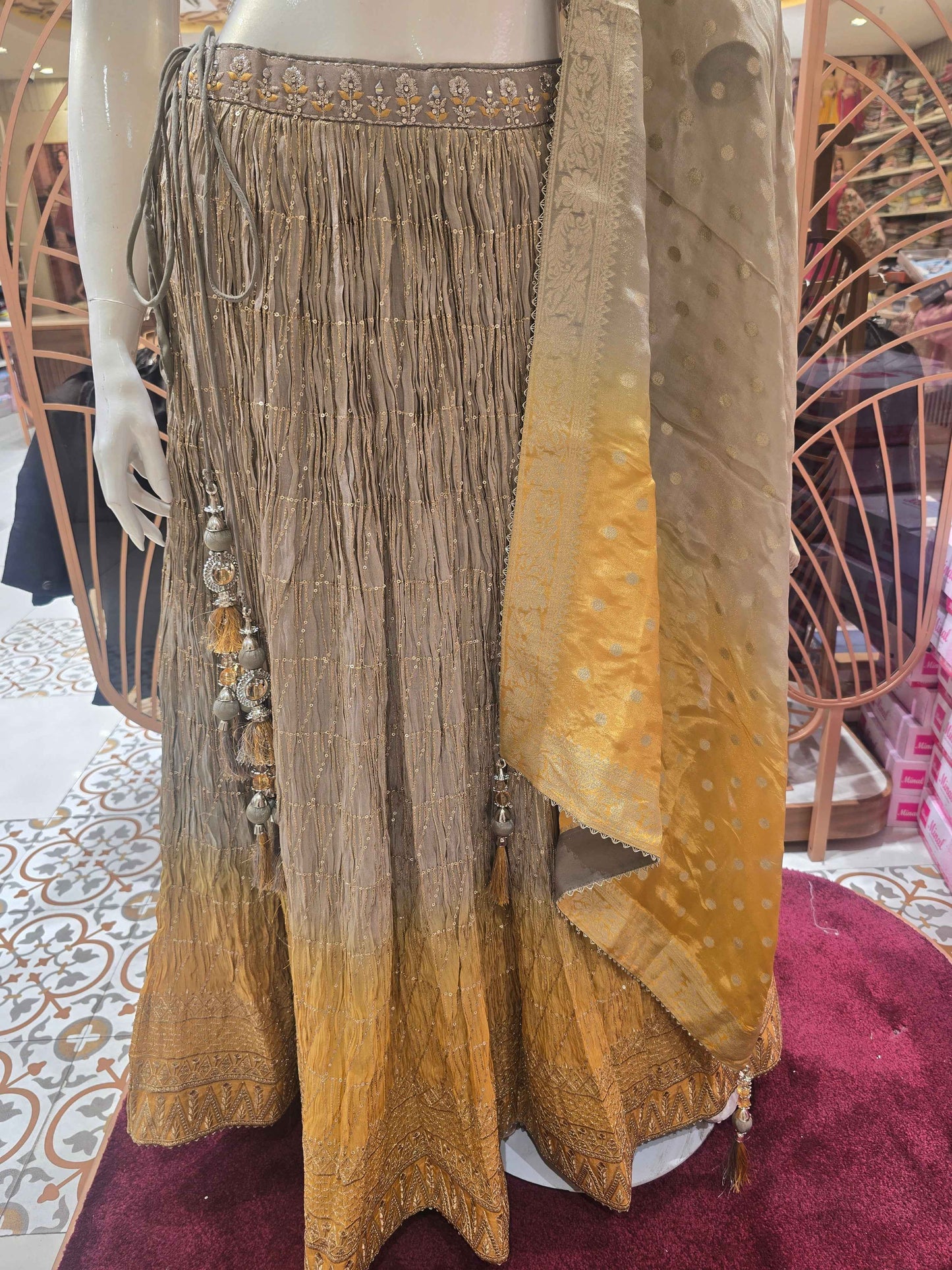 Women Gray Yellow Zari Jharkhan Lehenga Set