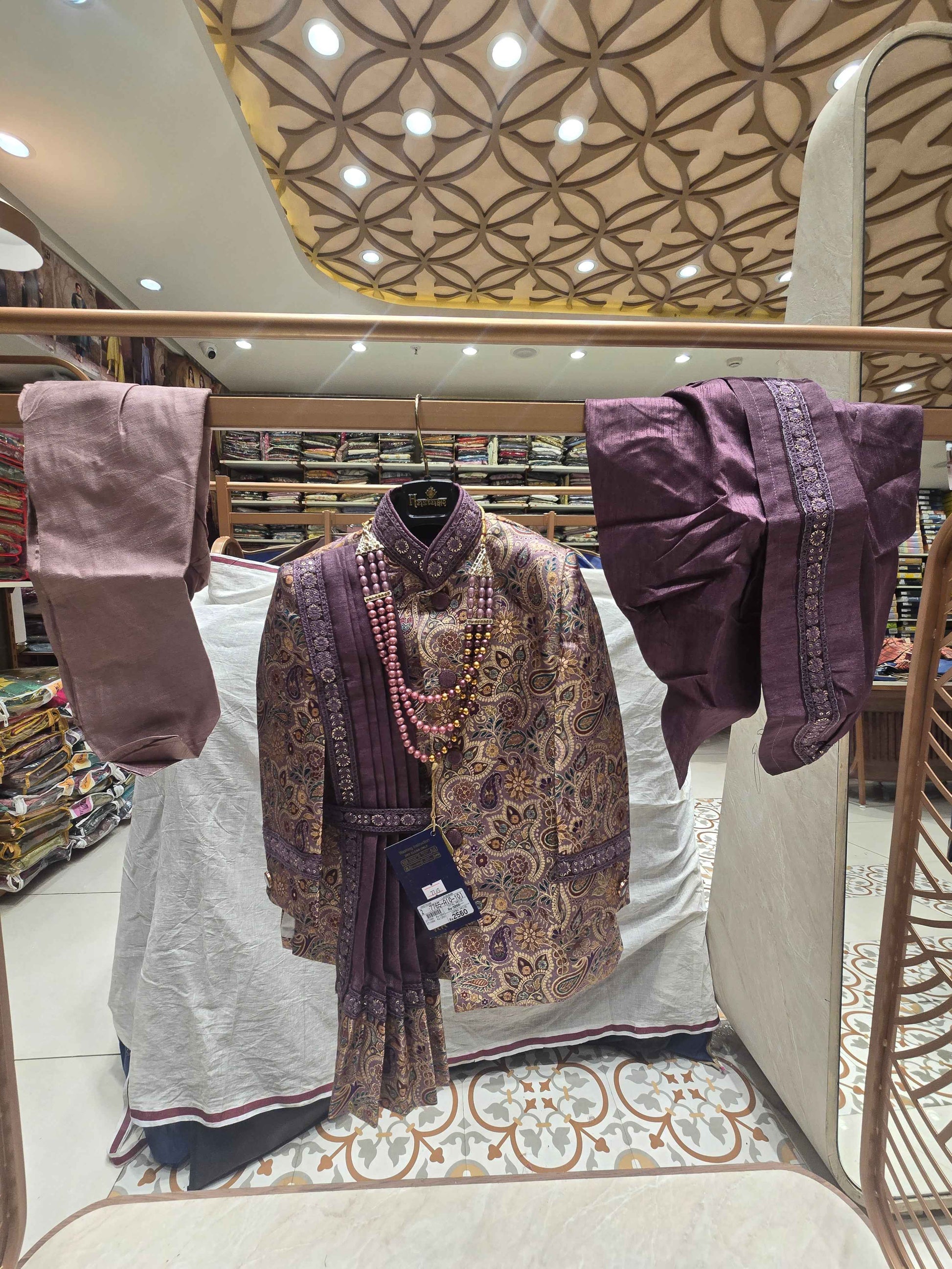 Boys multi color Dupion Silk Indo-Western Set with shall Design and Mala