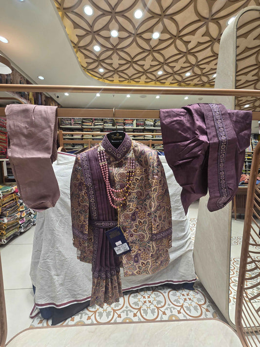 Boys multi color Dupion Silk Indo-Western Set with shall Design and Mala