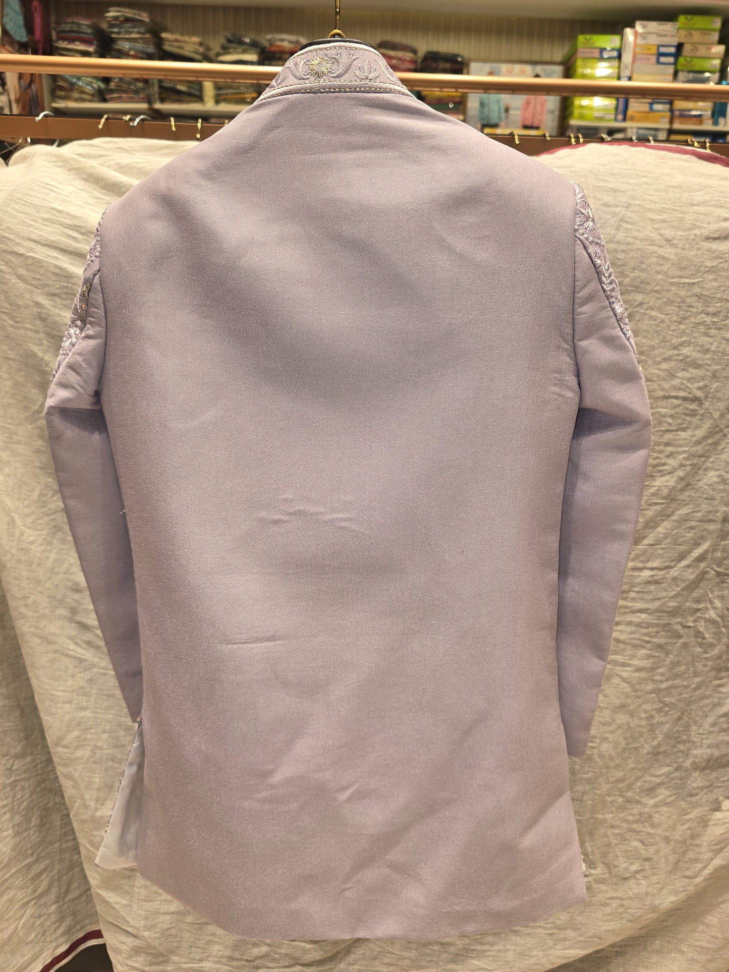 Boys Lavender Dupion Silk Indo-Western Set with Thread Embroidery and Micro Sequin Work