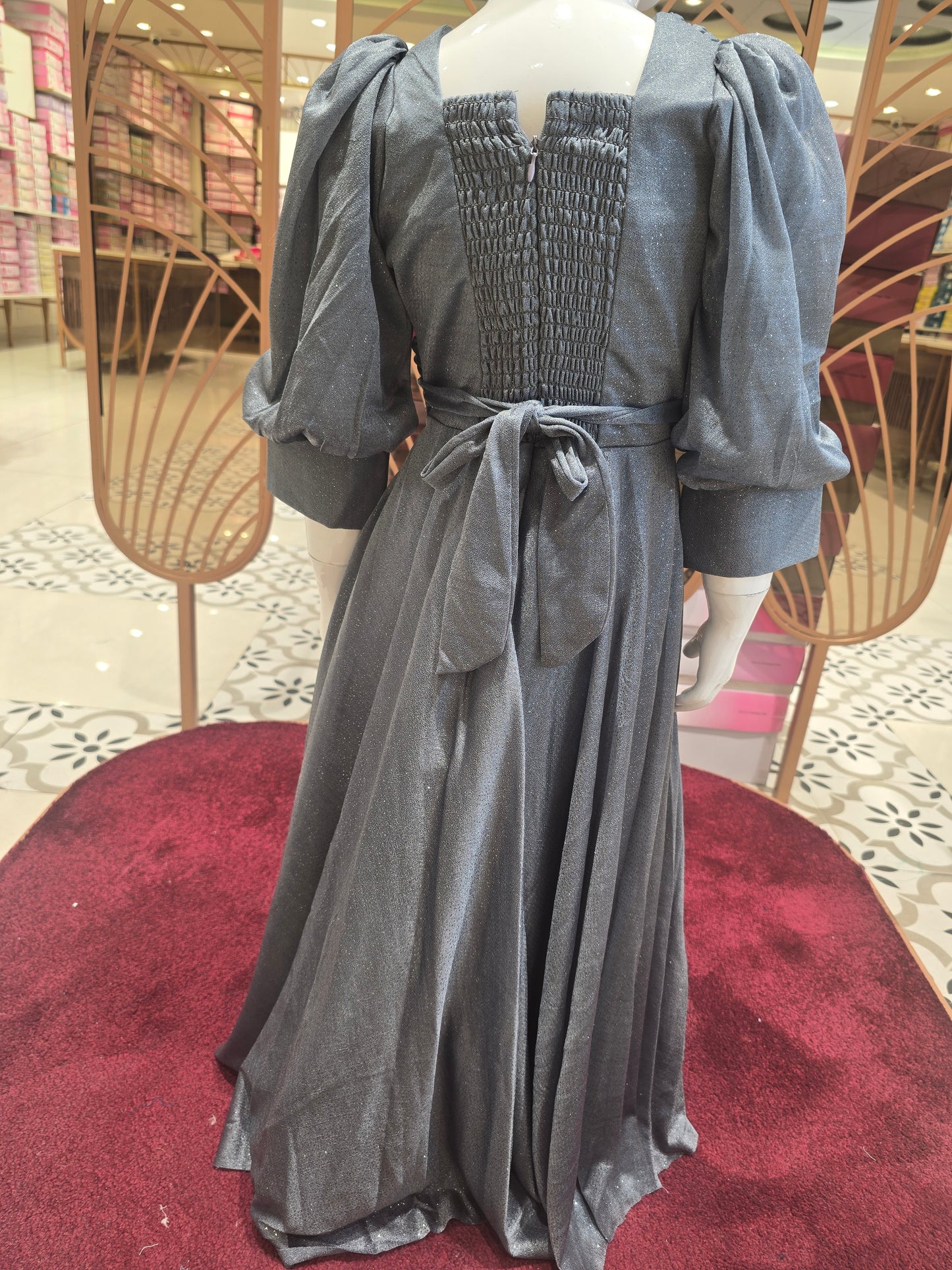 Elephant Grey Shimmer Western Party Wear Gown for Girls with ¾ Buff Sleeves, Modern Button Detailing and Long Waist Tie