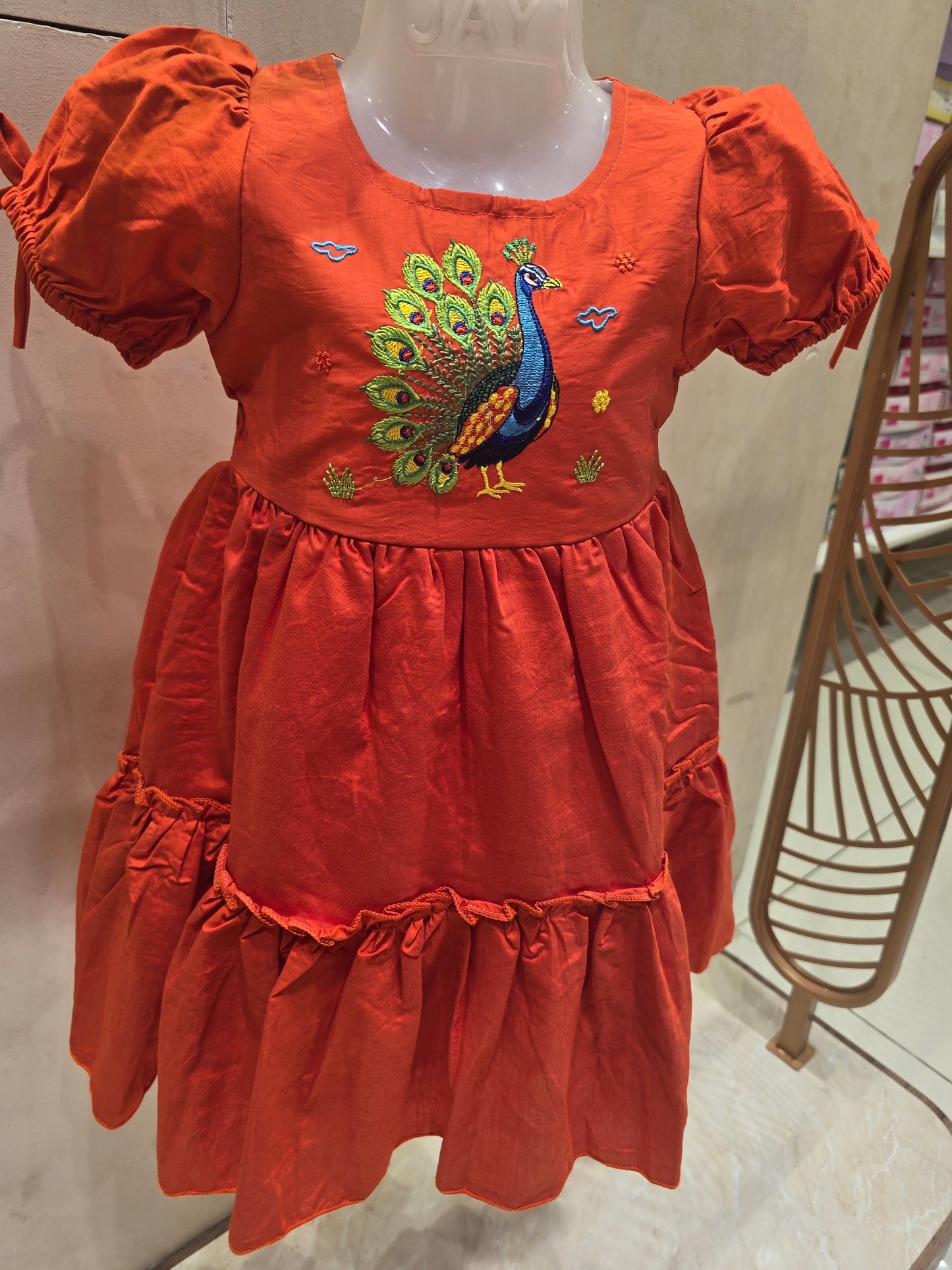 Orange Cotton Short Frock with Peacock Embroidery & Puff Sleeves – Casual Wear for Girls