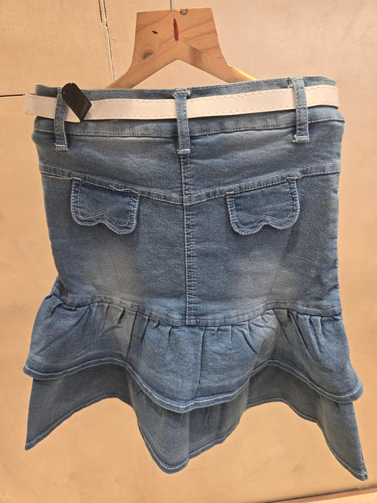 Girls Cotton Denim Mini Skirt in Regular Blue with Modern Belt Design and Two Pocket Styling for Summer Casual Wear