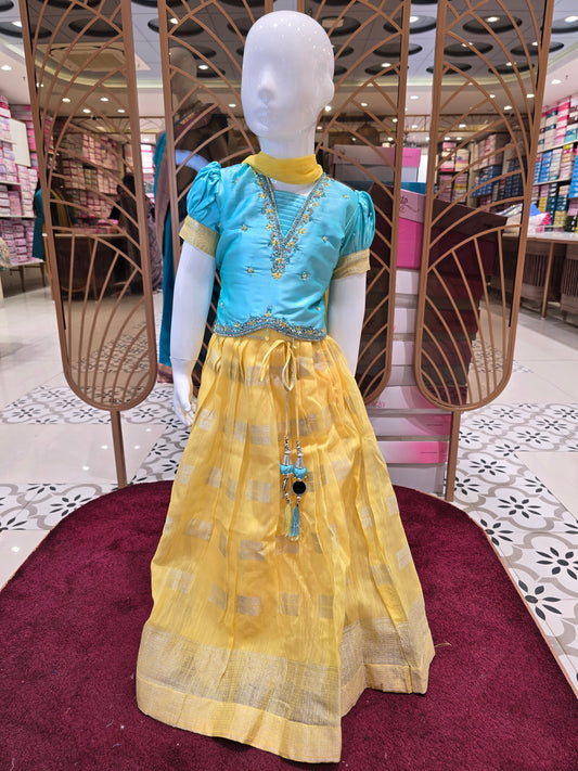 Sky Blue and Lemon Yellow Organza Silk Ethnic Wear Ghagra for Girls with Beads Work Top, Square Pattern Skirt and Traditional Latkan Detailing