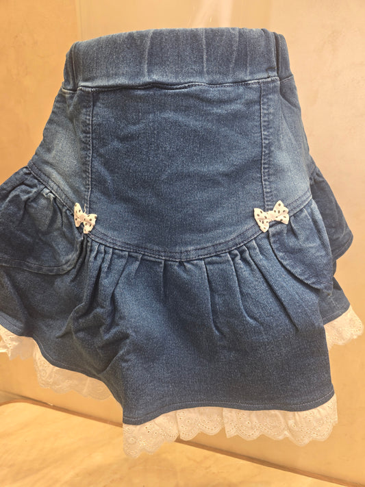 Blue Denim Skirt for Girls with Side Bow Details, White Knitted Lace Design and Elastic Waistband for Casual Wear