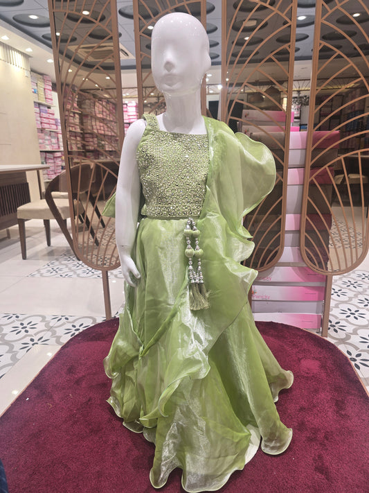 Girls Pista Organza Party Wear Gaghra Set