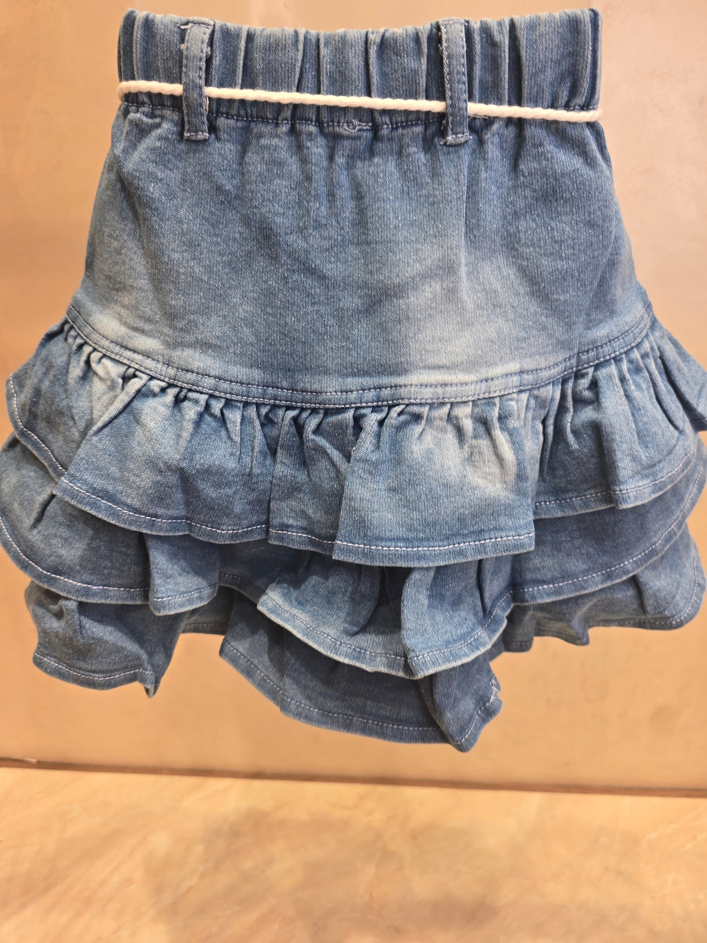 Blue Denim Lycra Skirt for Girls with Side Bow Design, White Knitted Lace Detailing and Elastic Waistband