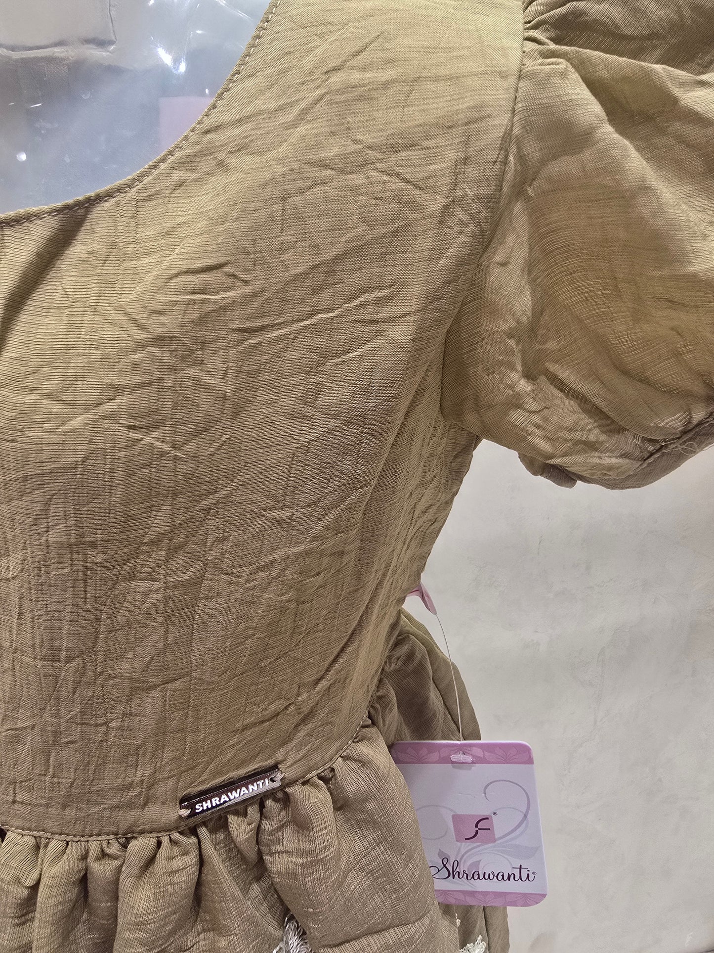 Fawn Soft Cotton Short Frock with Floral & Leaf Embroidery and Puff Sleeves