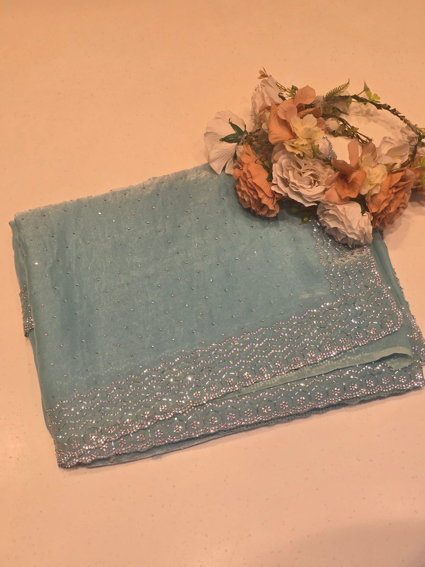 Organza Saree with Jharkhand Stone Work Across the Body | Sky Blue Self-Work Blouse | Party Wear