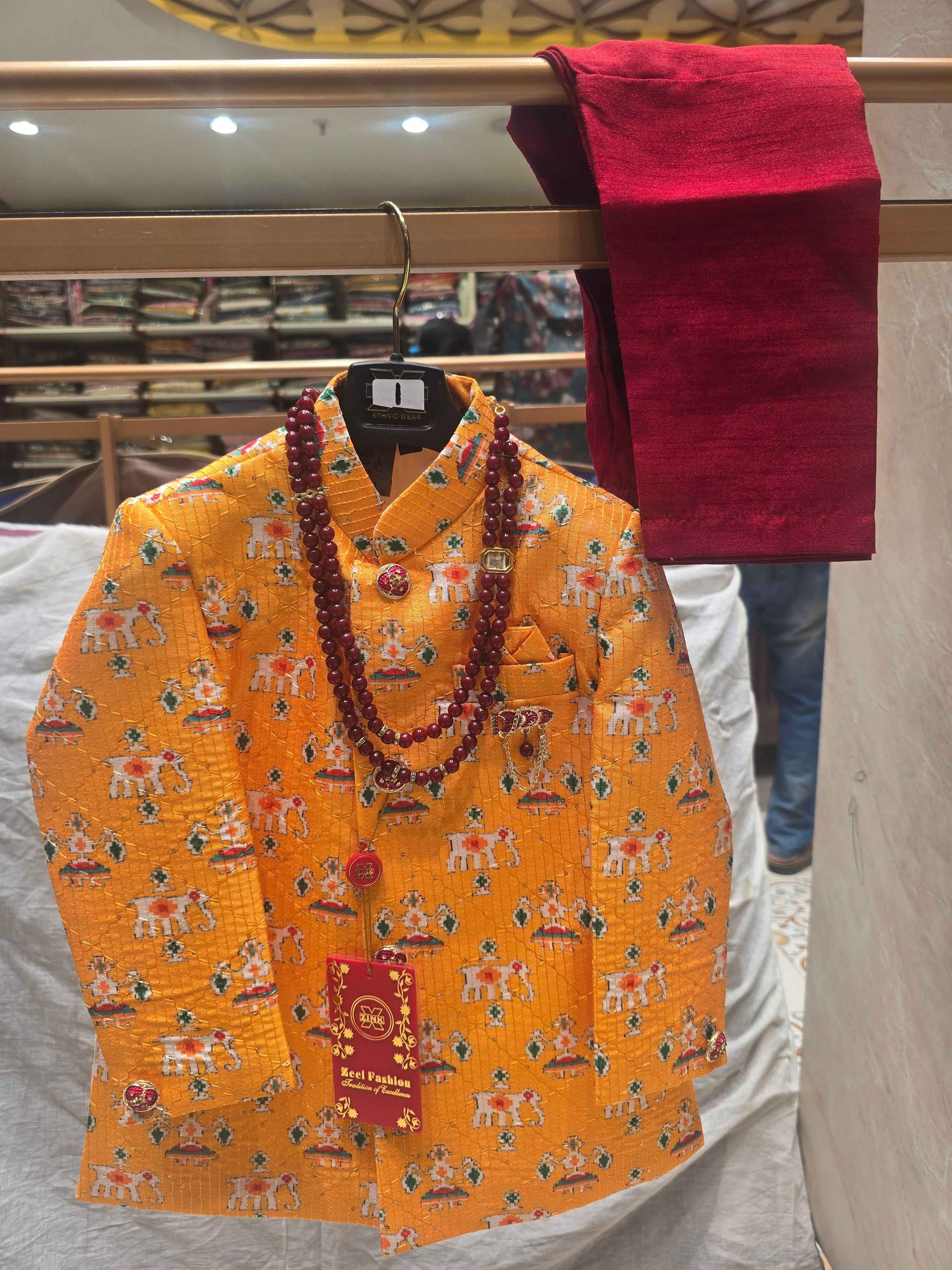 Boys Pista Green Dupion Silk Indo-Western Set with Mala