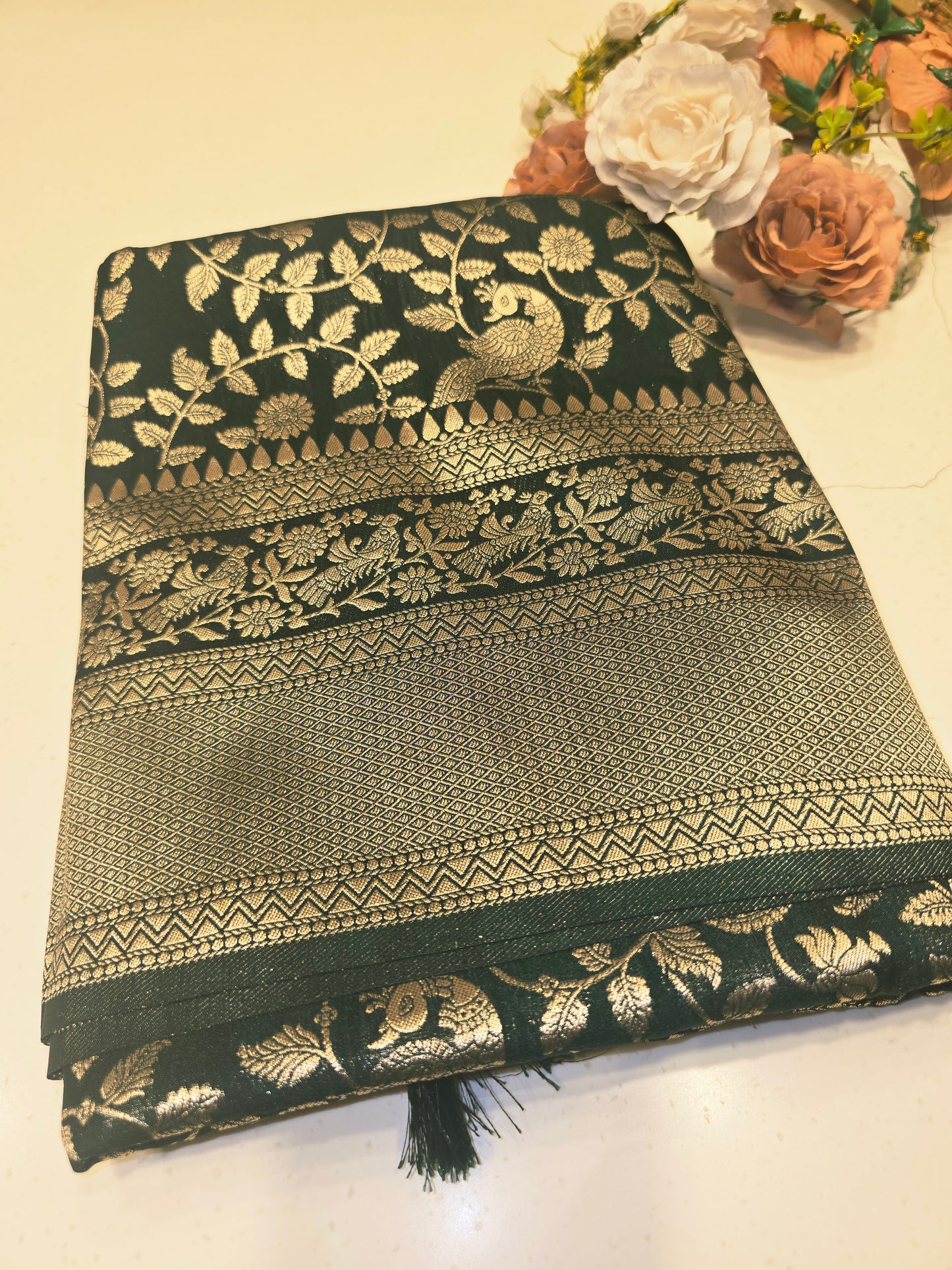 Semi Banarasi Silk Saree with Floral & Peacock Design and Fancy Zari Border | Festive Wear Saree for Women