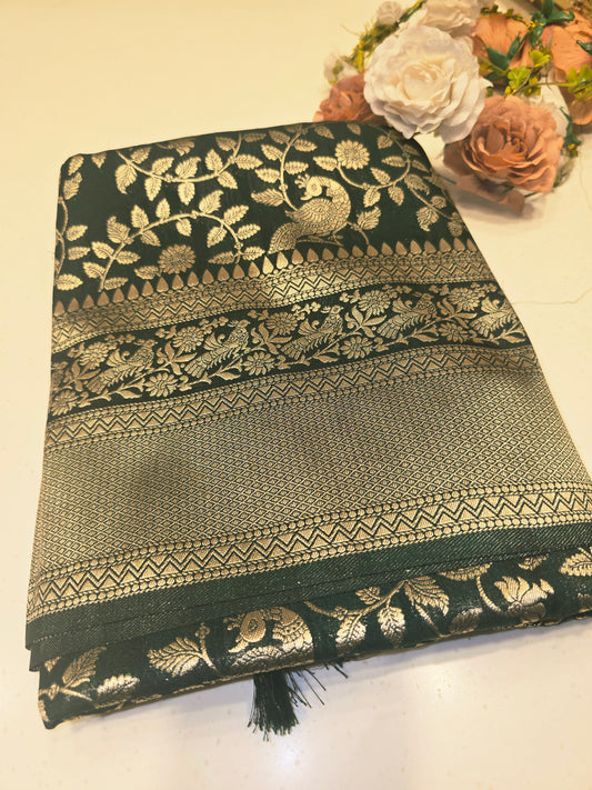 Semi Banarasi Silk Saree with Floral & Peacock Design and Fancy Zari Border | Festive Wear Saree for Women