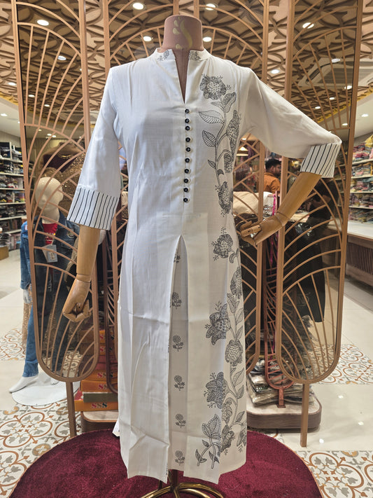 Women’s Rayon Straight Kurta in White with Left Side Long Floral Printed Design, Buttoned Collar Neck and ¾th Sleeves for Daily Wear