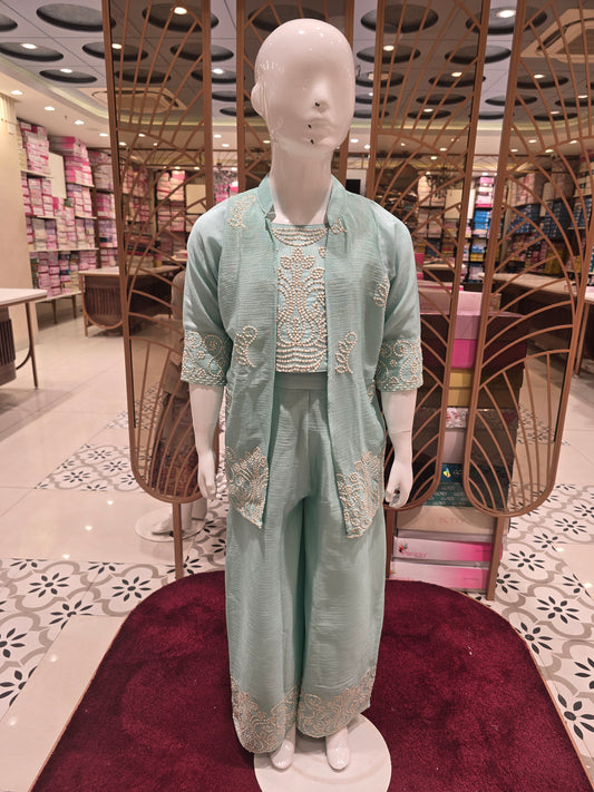 Firozi Blue Crepe Chiffon Indo Western Palazzo Set for Girls with Computerised Embroidery & White Embroidered Open Jacket – 3 Piece Ethnic Set