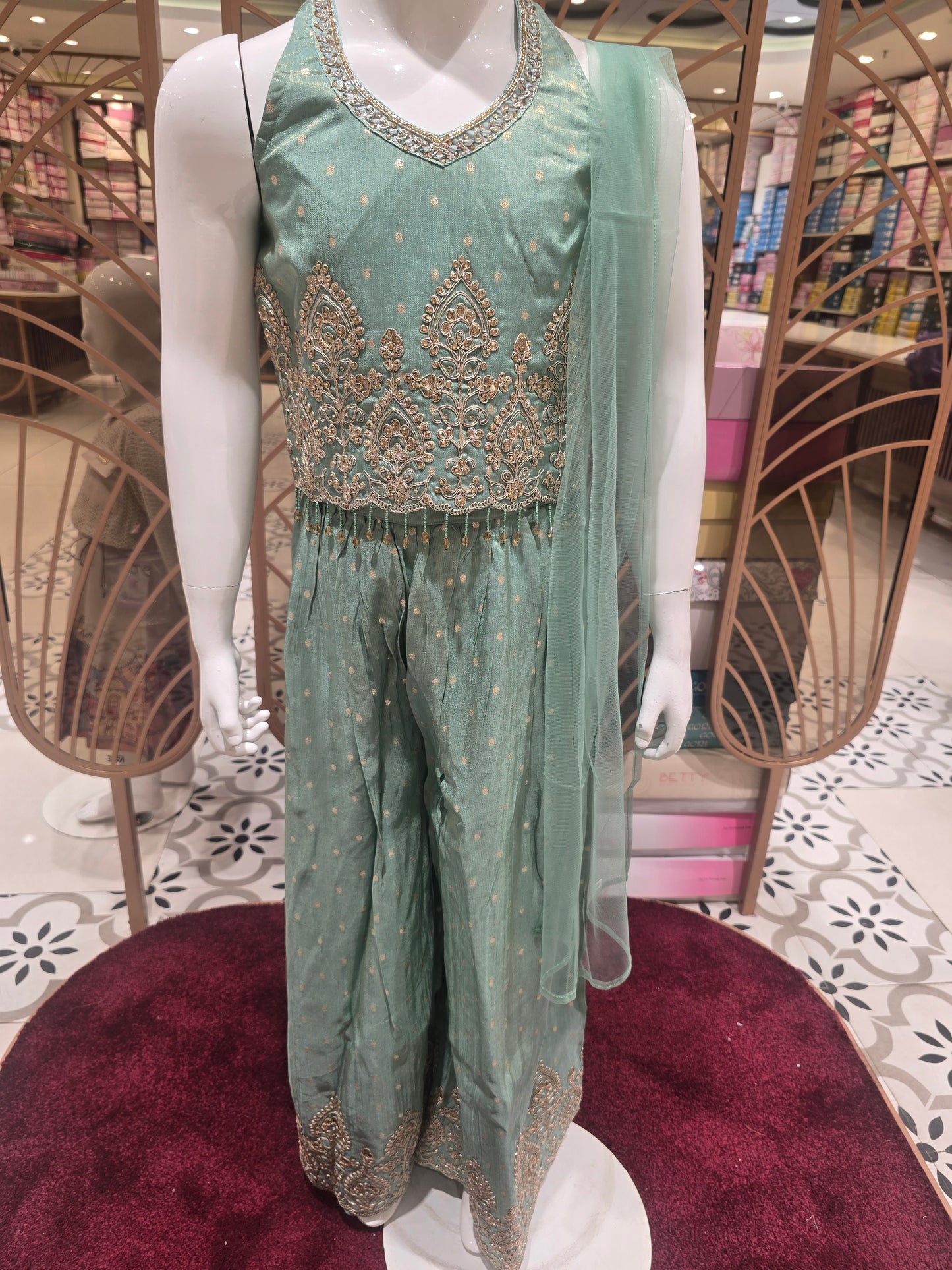 Pista Green Banarasi Silk Indo Western Palazzo Set for Girls with Stone Embroidery, Half-Collared Top & Net Dupatta – 3 Piece Ethnic Set