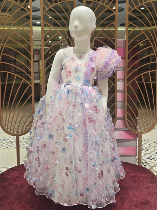 Girl White Floral Cut Knitted Birthday Gown