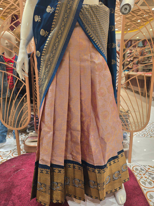 Women Peach Tissue Silk Semi Stitched Half Saree Set