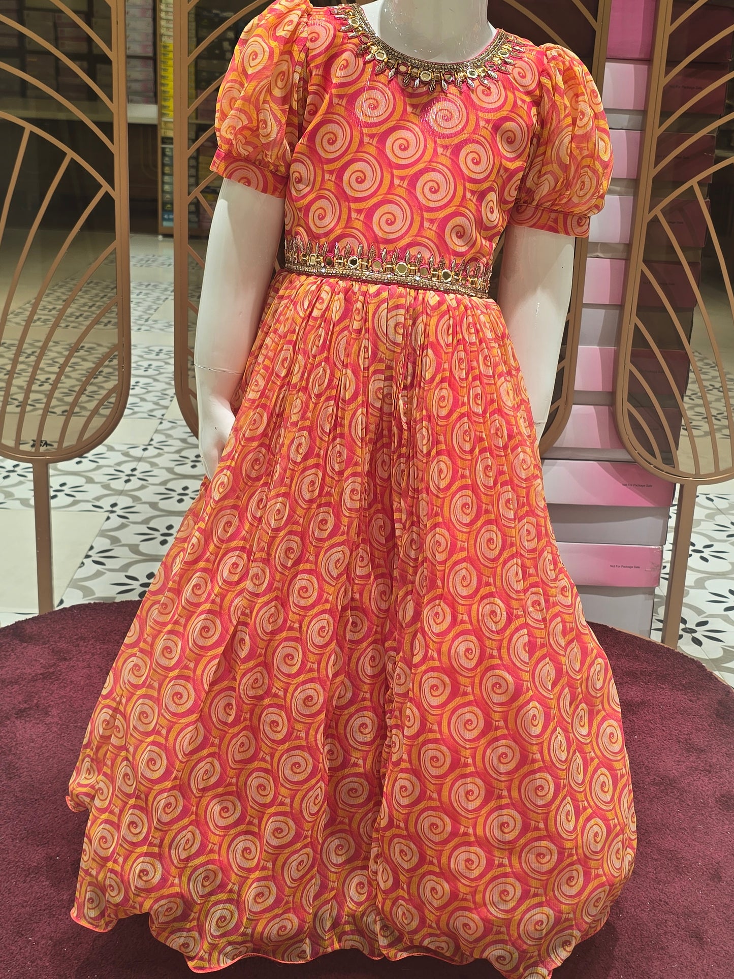 Girl Orange White Printed Chiffon Ethnic Gown