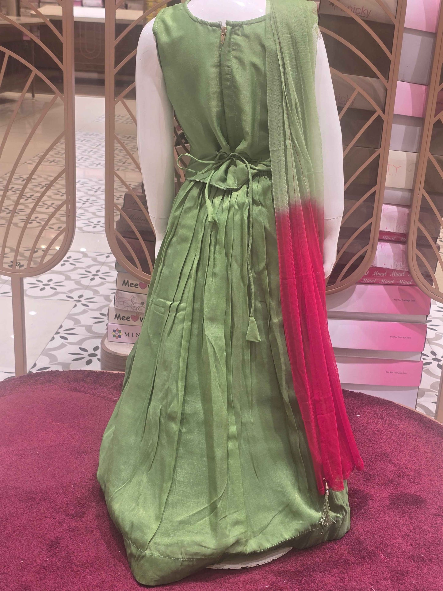 Crape material Parrot green colour gaghra set with peacock design and multi colour zari embroidery