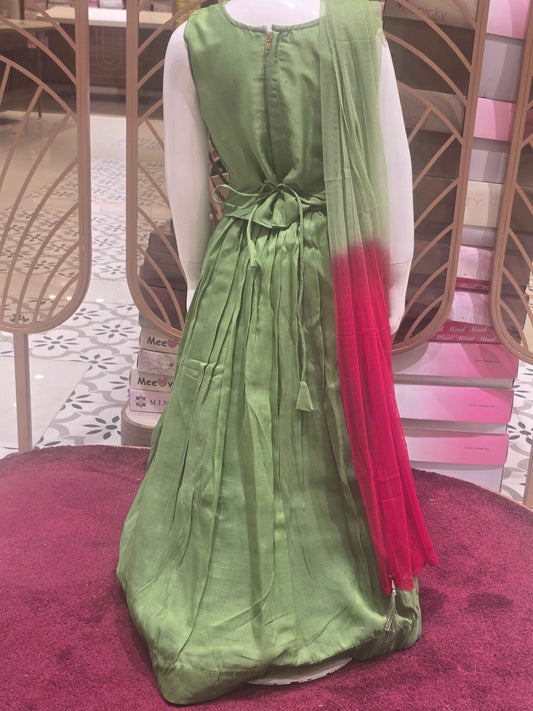 Crape material Parrot green colour gaghra set with peacock design and multi colour zari embroidery