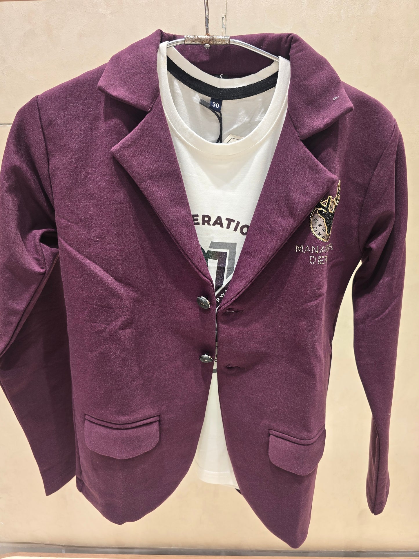 Wine Cotton Fancy Blazer with Printed Half-Sleeve T-Shirt & Stylish Logo – Two-Piece Boys Set