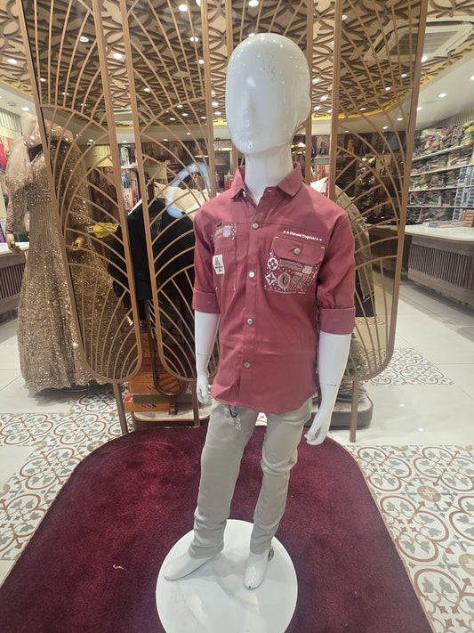 Boys Lycra Cotton Shirt and Pant Set in Onion Pink with Double Pocket Design and Sea Green Pant for Summer Casual Wear