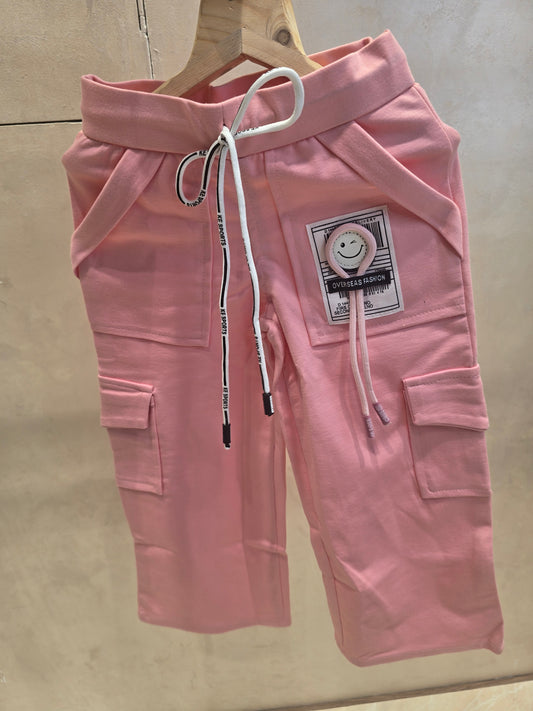 Baby Pink Cotton Cargo Pants with Smiley Logo & Six-Pocket Elastic Waist