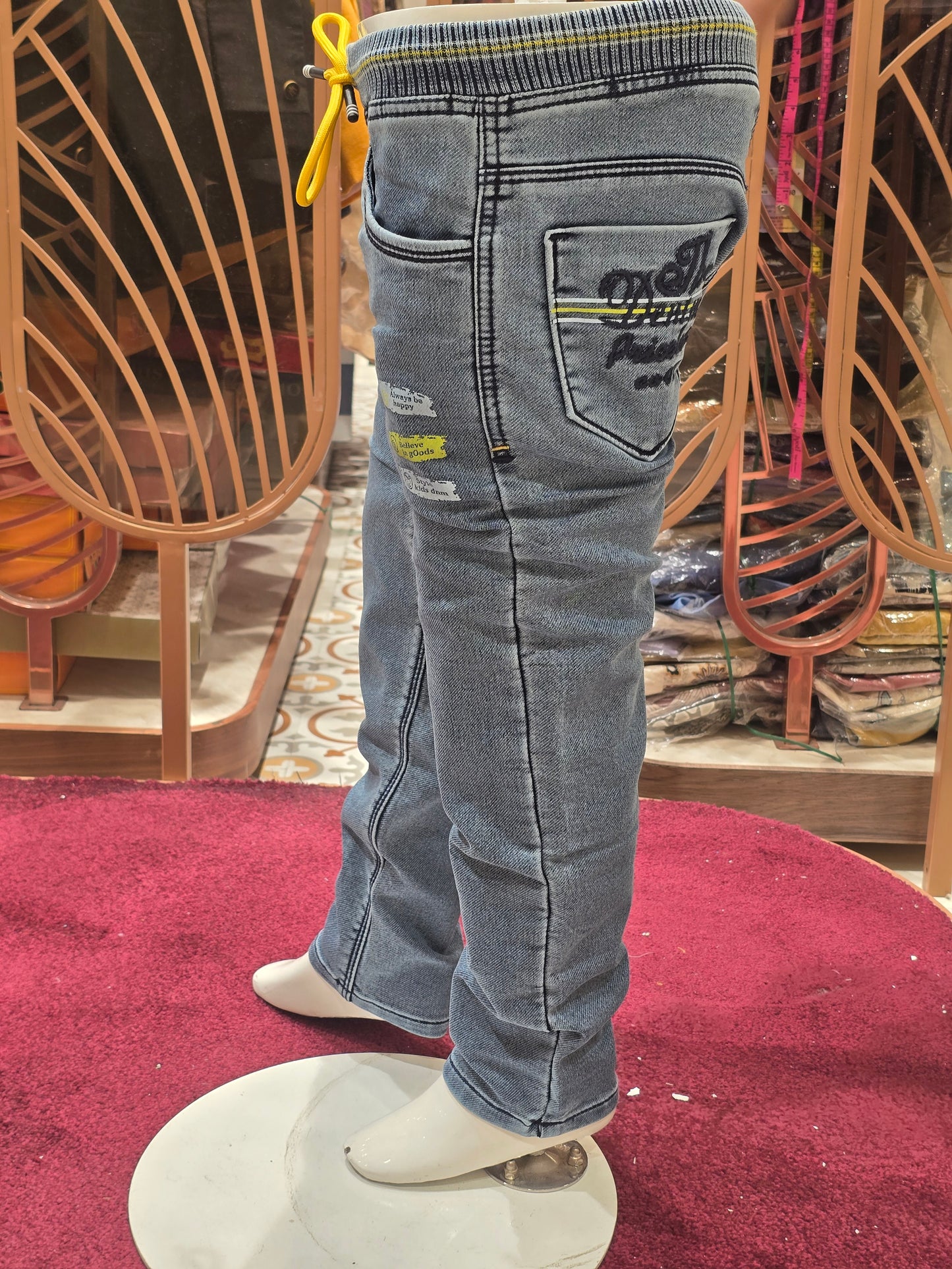 Grayish Blue Soft Denim Jeans for Boys with Left Side Rubber Print, Round Elastic Waistband and Stylish Tie Lace