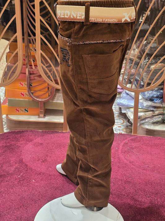 Brown Lycra Corduroy Pants for Boys with Four Pocket Design and Stylish Belt for Casual Summer Wear